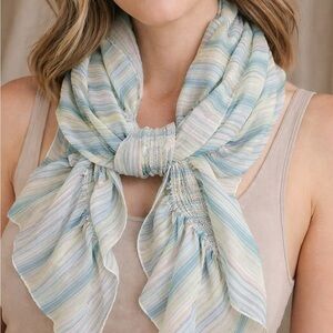 Blue Green Striped Ruffle Scarf Lightweight Sheer Spring Wrap